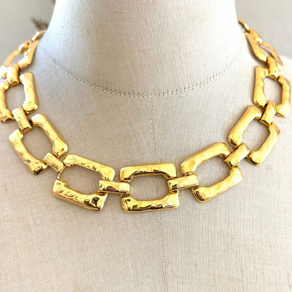 Chunky Gold Tone Sculptural Link Statement Necklace